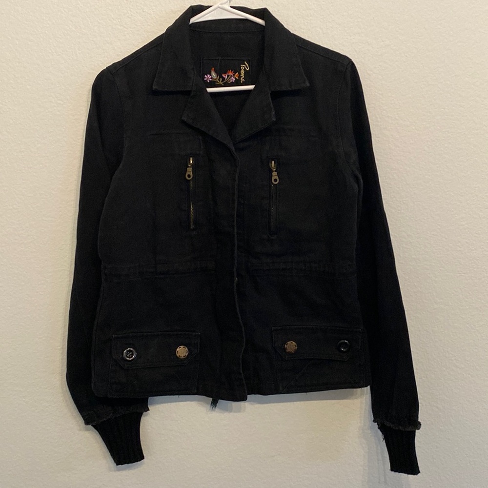POEMA Black denim utility jacket zip up pockets buttons cinch waist SIZE L